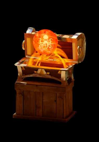 A treasure chest glowing orange around an OpenSea badge