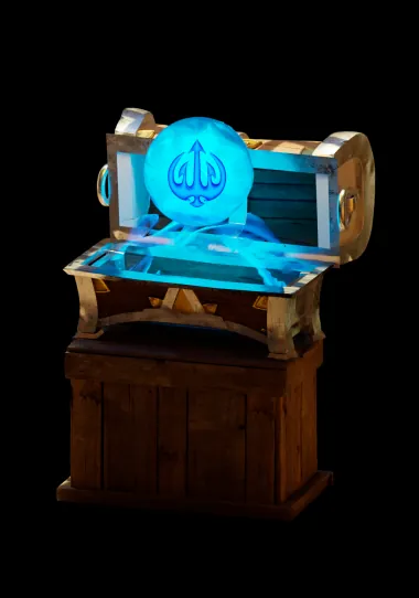 A treasure chest glowing blue around an OpenSea badge