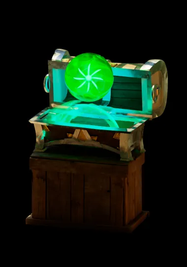 A treasure chest glowing green around an OpenSea badge