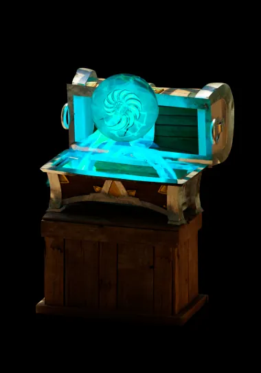 A treasure chest glowing cyan around an OpenSea badge