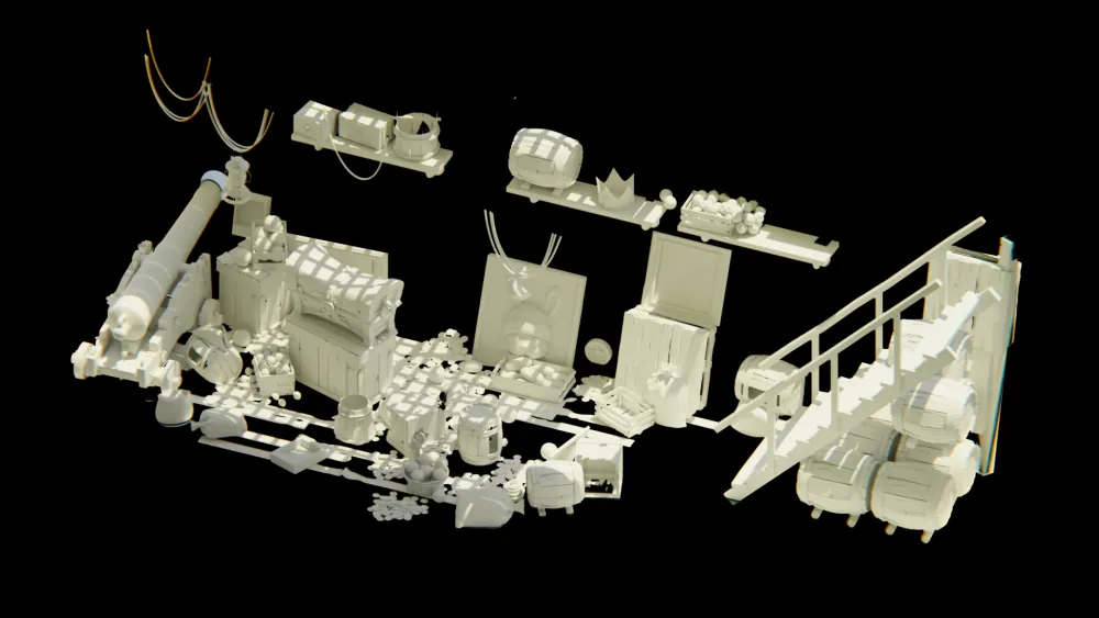 The cabin's 3D set as untextured clay, every prop pulled apart