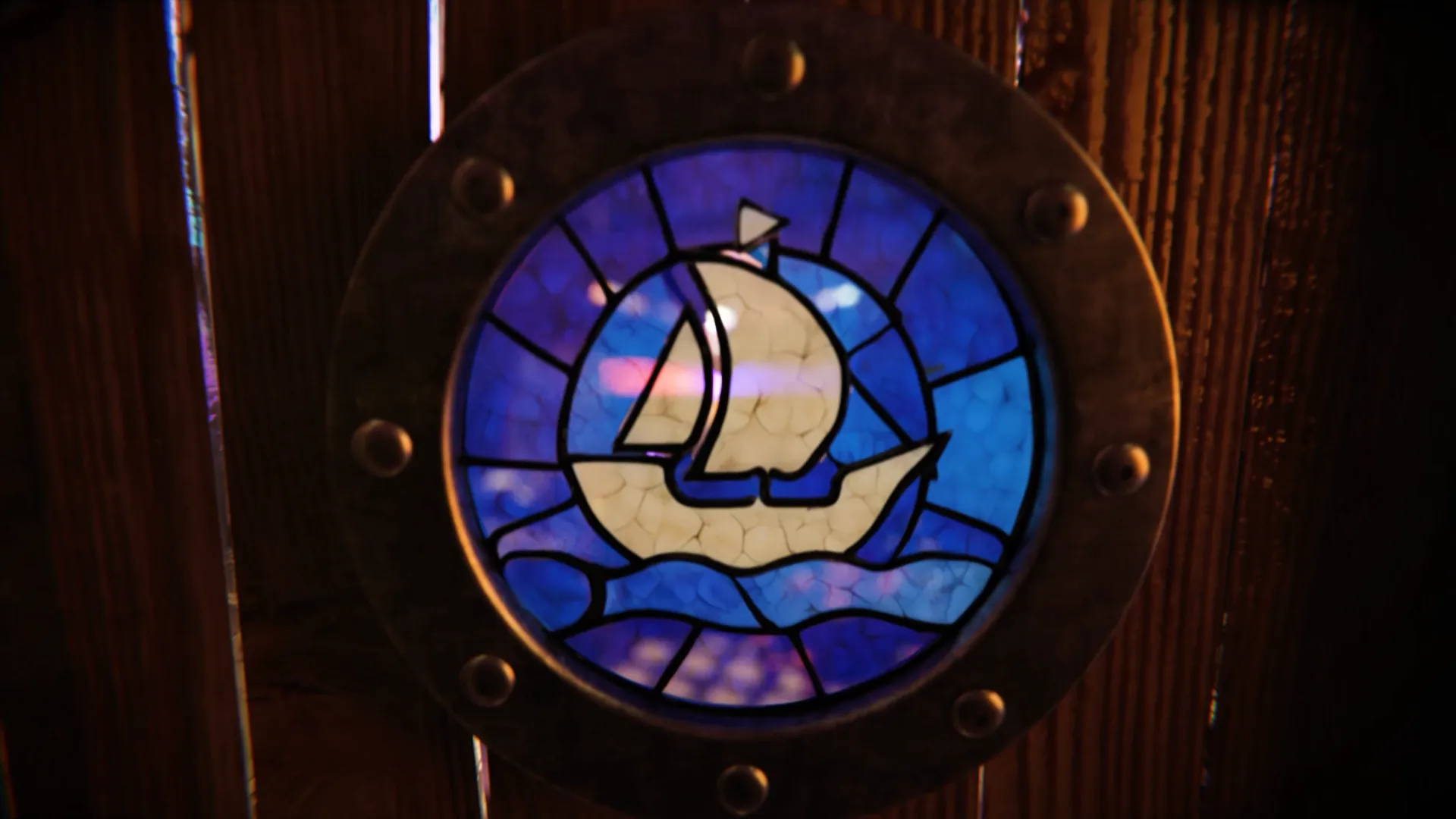 OpenSea's ship in stained glass, set in a brass porthole on the wooden hull