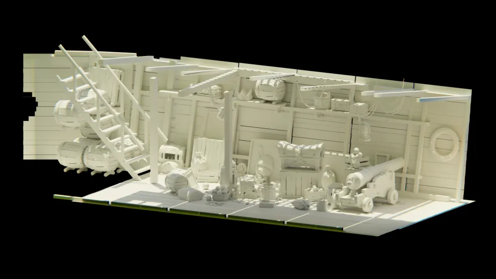 The cabin's 3D set as untextured clay, assembled