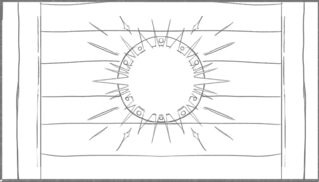 Storyboard sketch: a sun-shaped badge carved into the ship's planks