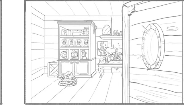 Storyboard sketch: the cabin, with a porthole and a shelf of collectibles