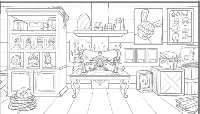 Storyboard sketch: the captain's desk in front of the badge shelves