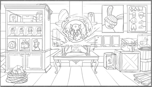 Storyboard sketch: a badge bursting out of the chest on the captain's desk