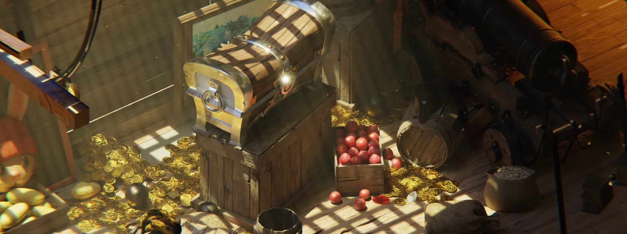 The finished hold in sunlight: the treasure chest on a crate among spilled gold coins