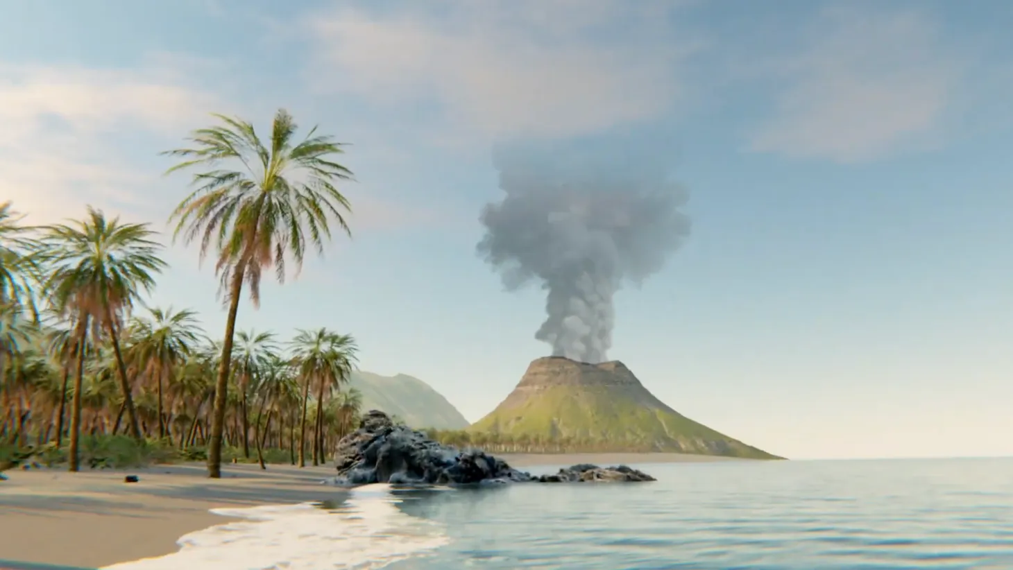 An island's beach and palms, a smoking volcano across the water
